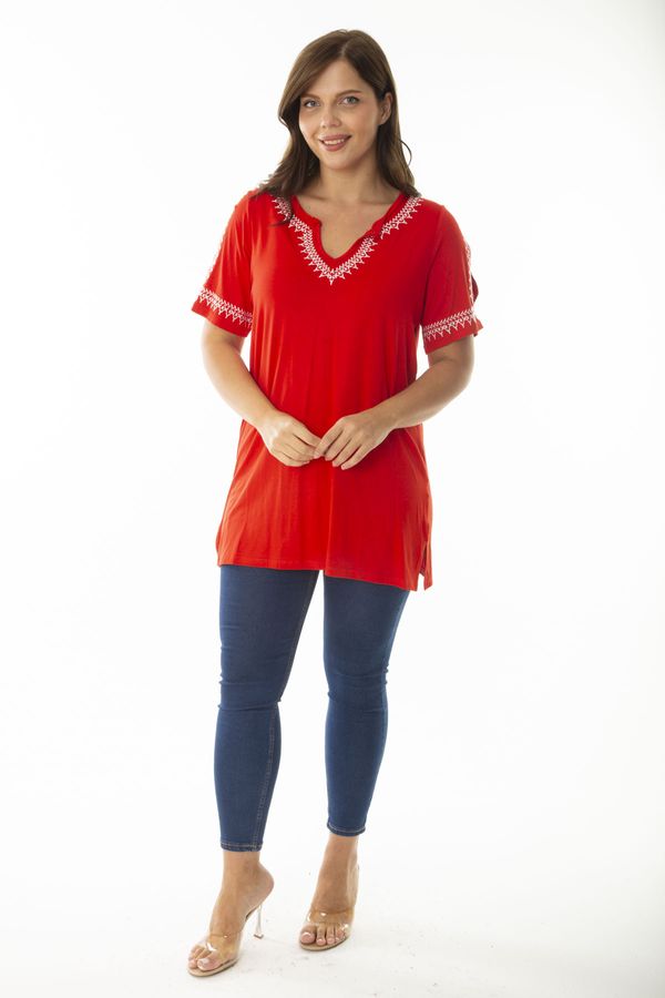 Şans Şans Women's Plus Size Red Collar And Sleeves Embroidery Detailed Decollete Shoulder Blouse