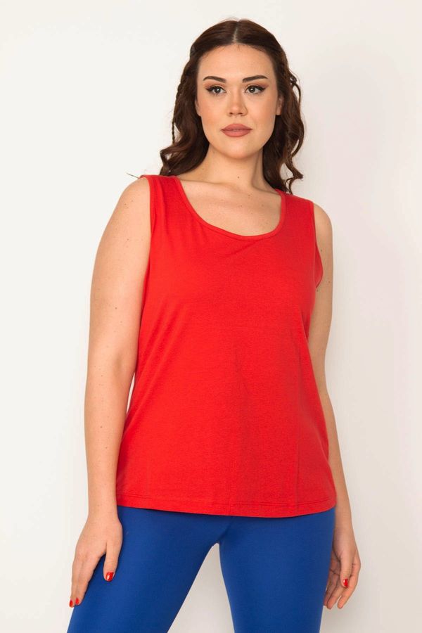 Şans Şans Women's Plus Size Red Cotton Fabric Crew Neck Sleeveless Blouse