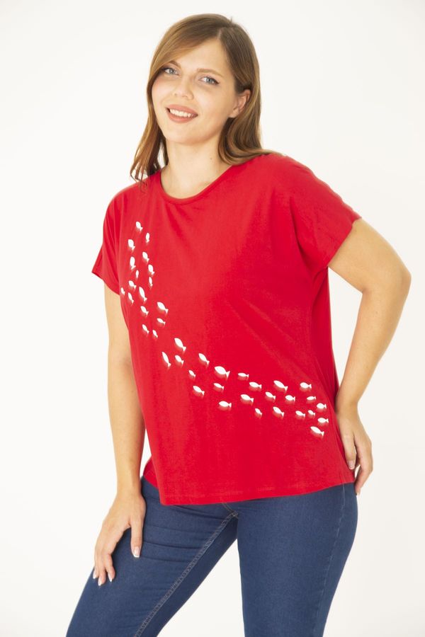 Şans Şans Women's Plus Size Red Cotton Fabric Front Patterned Blouse