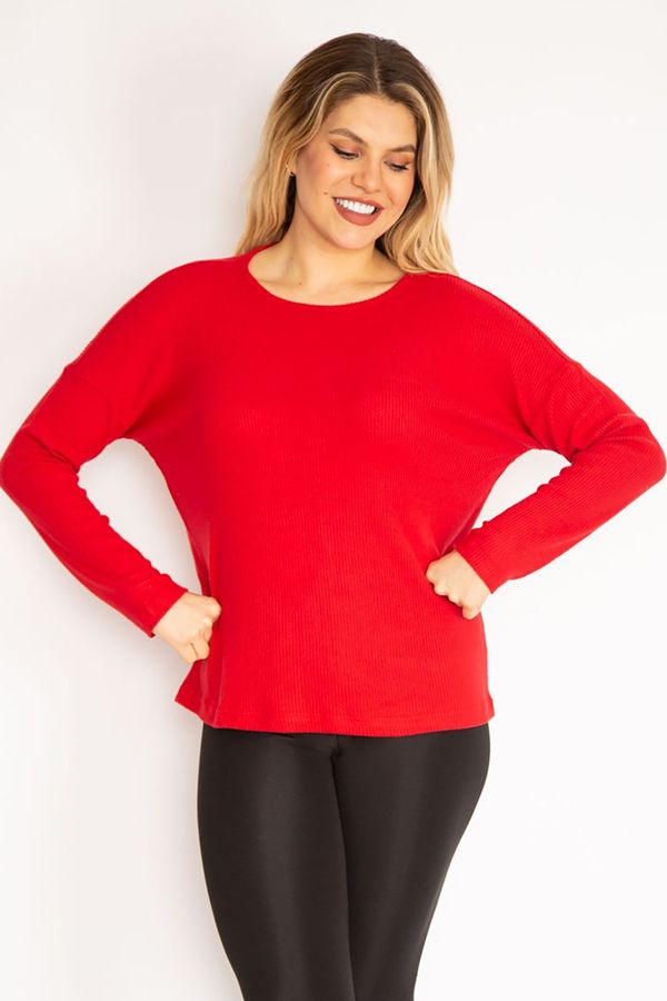 Şans Şans Women's Plus Size Red Crewneck Striped Blouse