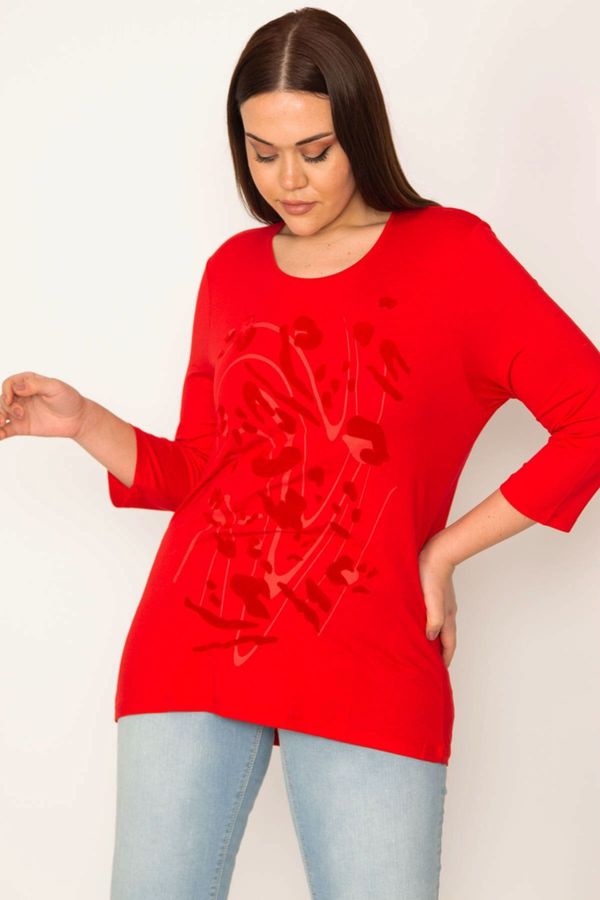 Şans Şans Women's Plus Size Red Flocked Front Patterned Blouse