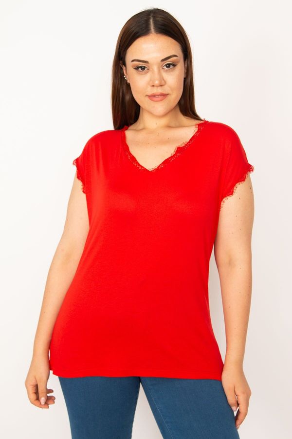 Şans Şans Women's Plus Size Red Lace Detailed Blouse