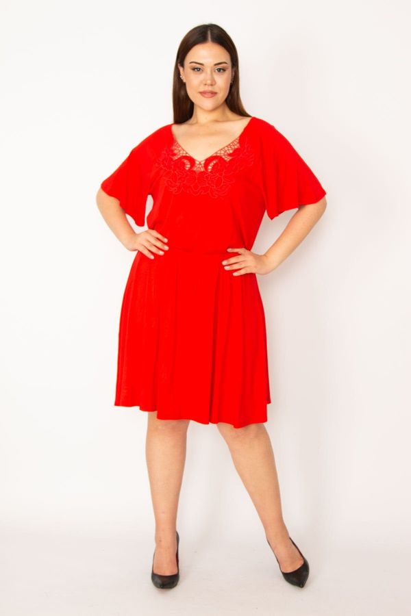 Şans Şans Women's Plus Size Red Lace Detailed Dress with Elastic Waist