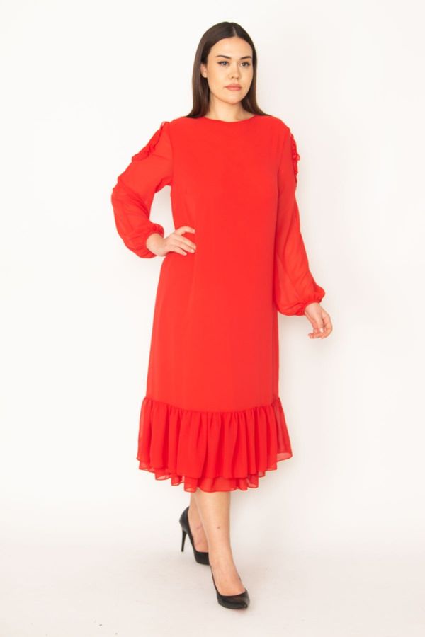 Şans Şans Women's Plus Size Red Off the Shoulder Decollete Hem Flounce Lined Chiffon Long Dress