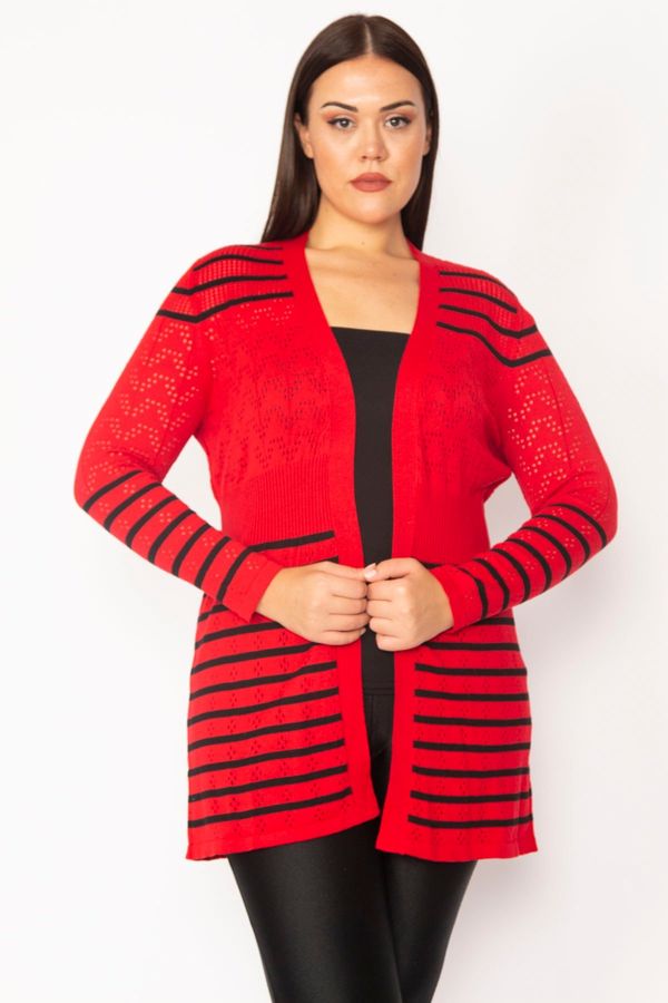 Şans Şans Women's Plus Size Red Openwork Knitted Striped Sweater Cardigan