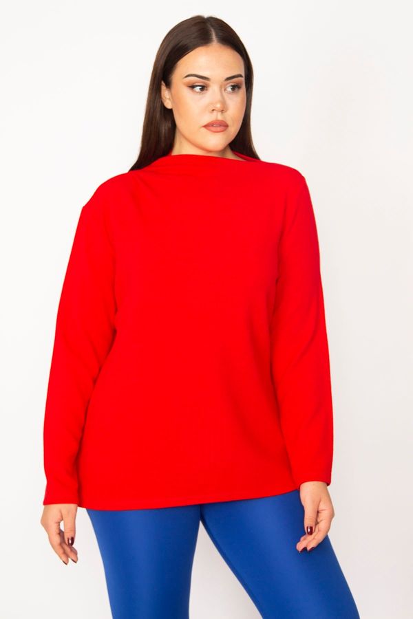 Şans Şans Women's Plus Size Red Standing Collar Blouse