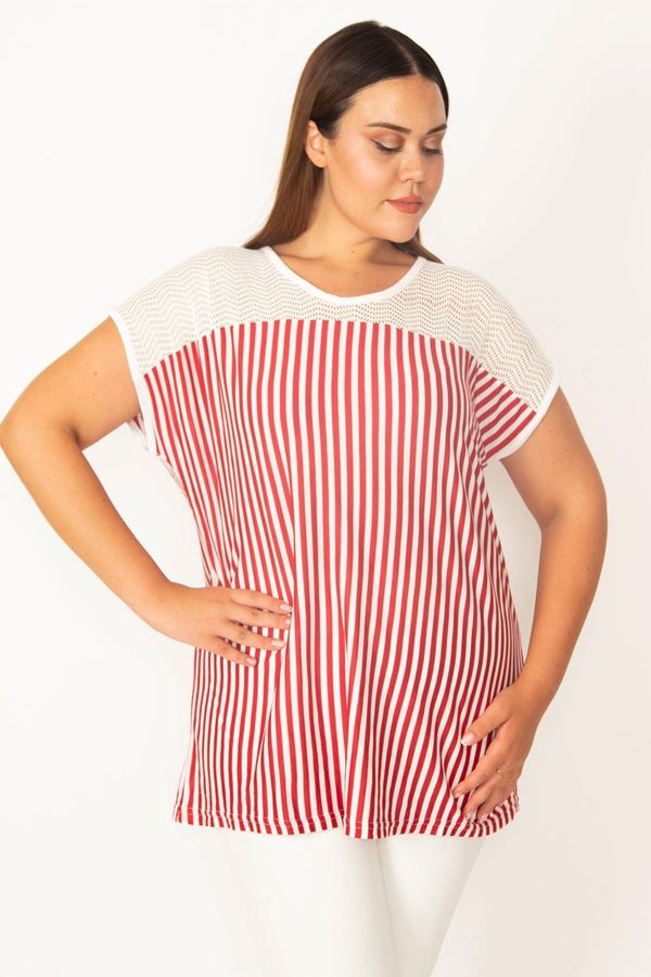Şans Şans Women's Plus Size Red Striped Blouse with Lace Detail, Low Sleeves and a Front Collar