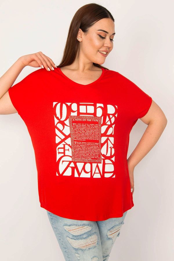 Şans Şans Women's Plus Size Red V-Neck Print And Stone Detailed Short Sleeve Blouse