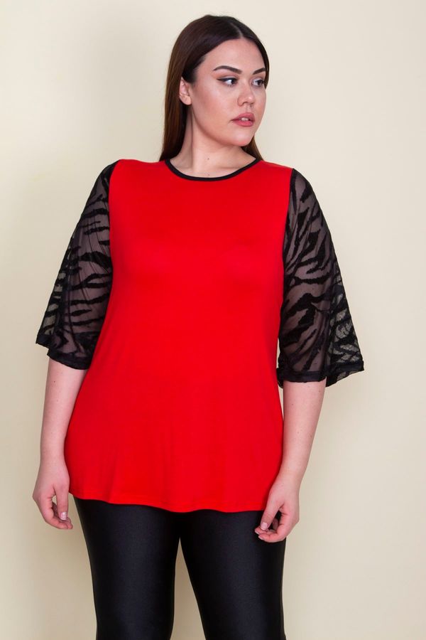 Şans Şans Women's Plus Size Red Viscose Blouse with Flocked Sleeves and Tulle Detail