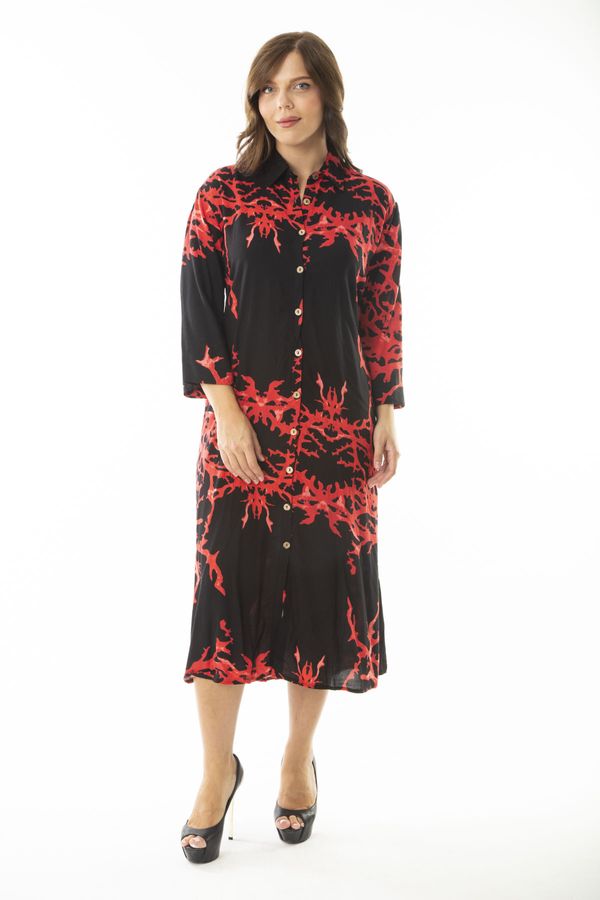 Şans Şans Women's Plus Size Red Woven Viscose Fabric Front Length Buttoned Long Sleeve Dress
