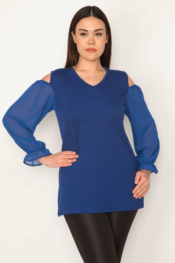 Şans Şans Women's Plus Size Saxe Blue Decollete Sleeve Chiffon Detail Blouse