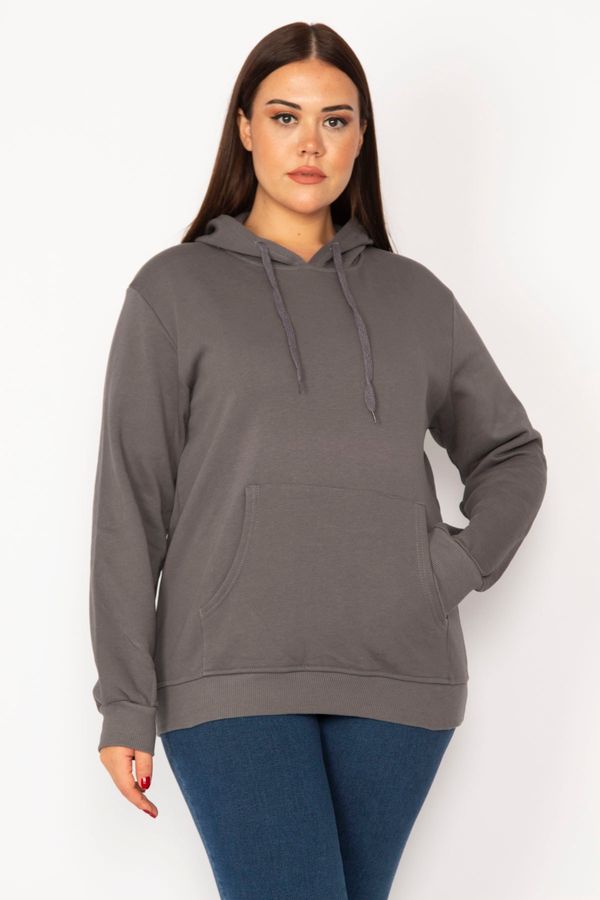 Şans Şans Women's Plus Size Smoked Inner Raising 3 Thread Kangaroo Pocket Hooded Sweatshirt