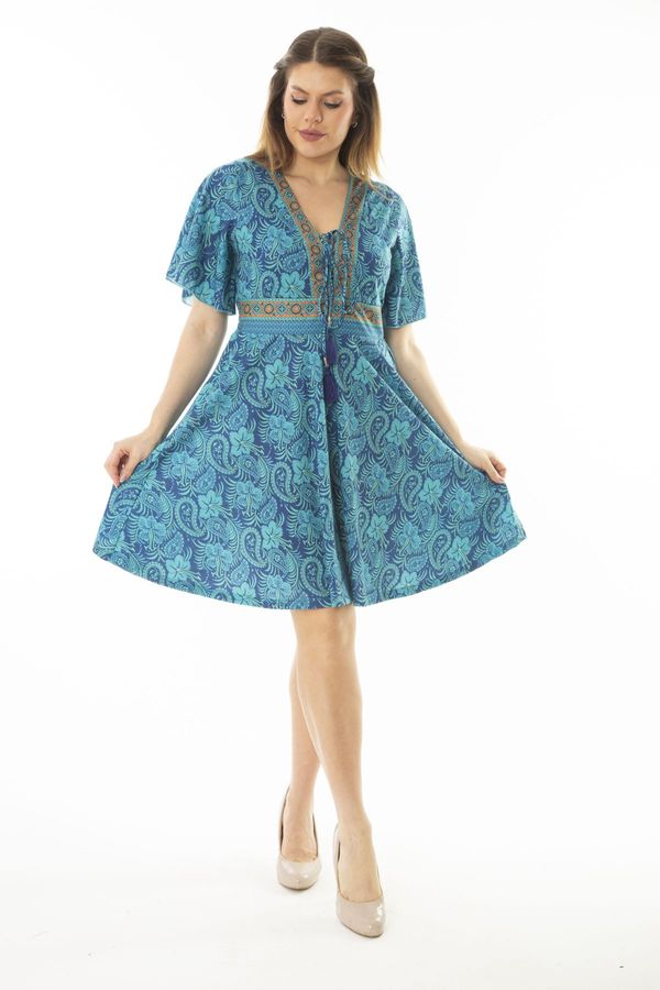 Şans Şans Women's Plus Size Turquoise Chest Lace And Back Detailed Dress