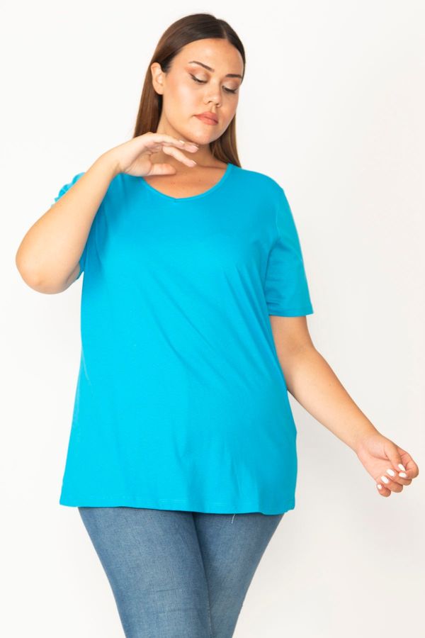 Şans Şans Women's Plus Size Turquoise Cotton Fabric V-Neck Short Sleeve Blouse