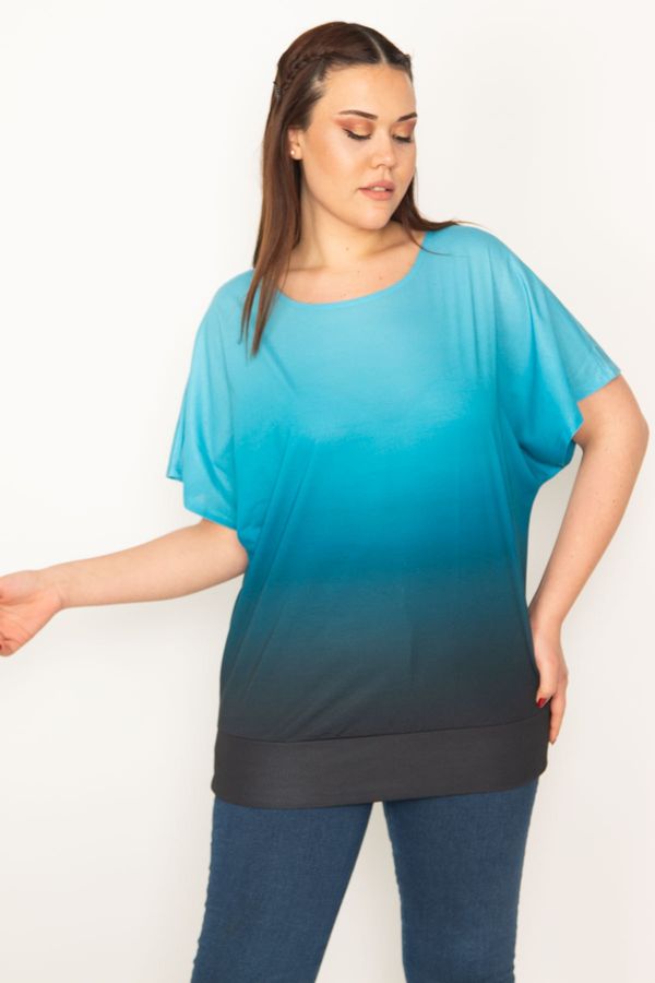 Şans Şans Women's Plus Size Turquoise Tie-Dye Patterned Low Sleeve Hem Tape Blouse