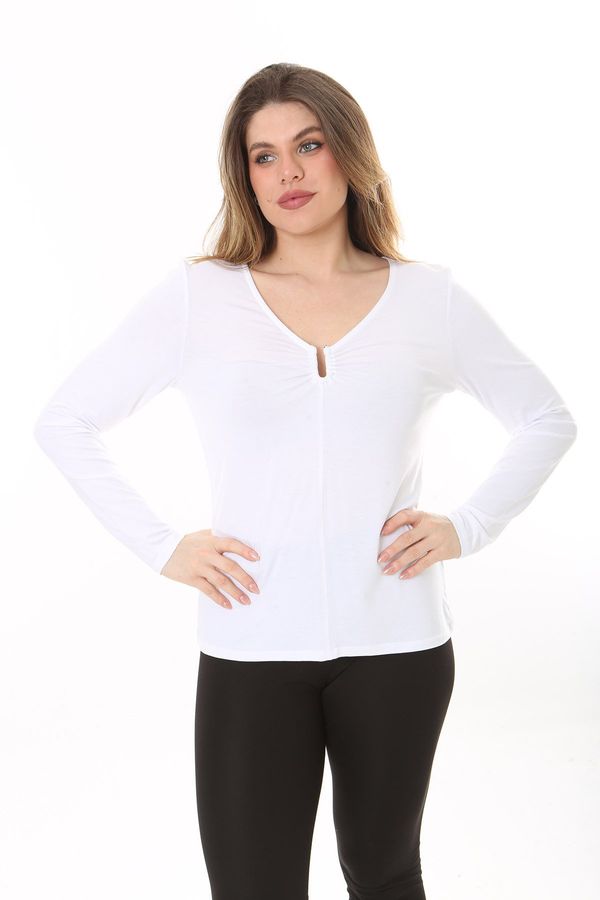 Şans Şans Women's Plus Size White Chest Gathered Detail Long Sleeve Blouse