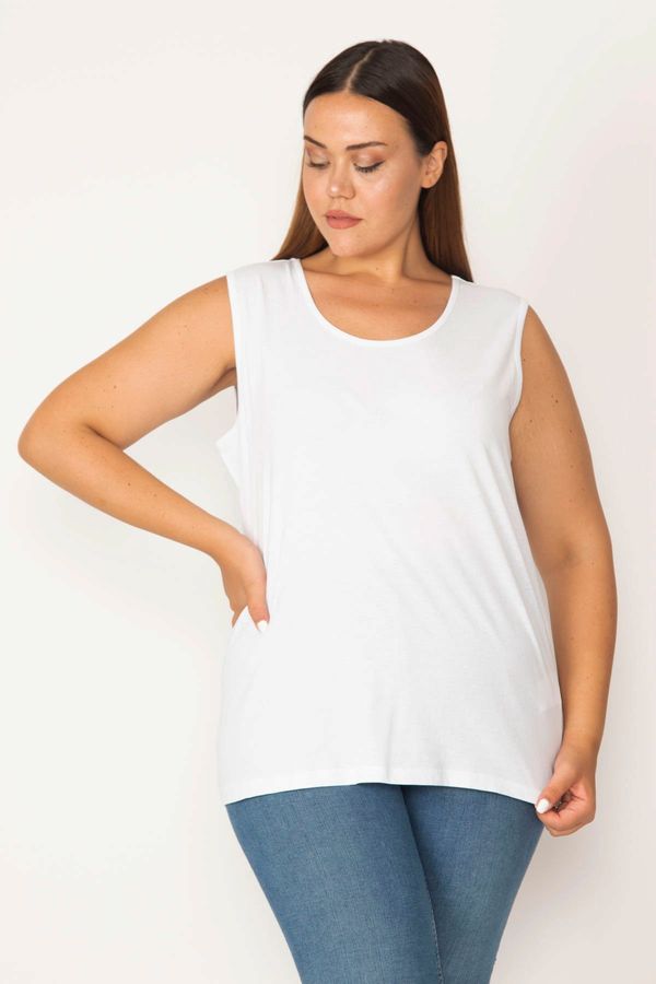 Şans Şans Women's Plus Size White Cotton Fabric Crewneck Tank Top