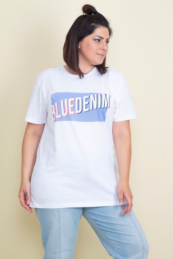 Şans Şans Women's Plus Size White Cotton Fabric Front Printed T-shirt