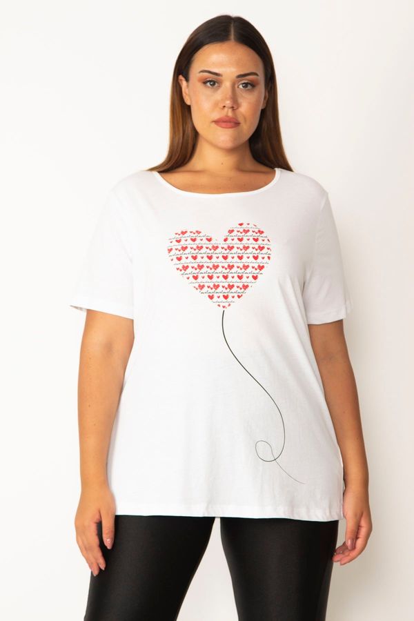 Şans Şans Women's Plus Size White Cotton Fabric Heart Printed Blouse
