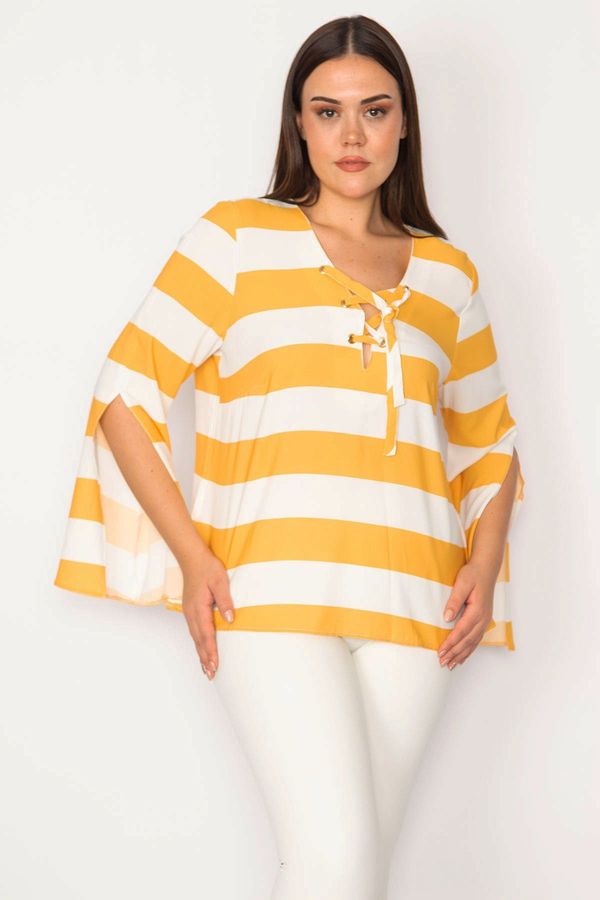 Şans Şans Women's Plus Size Yellow Collar Striped Blouse with Eyelets and Lace-Up Detail with a Sleeve Slit