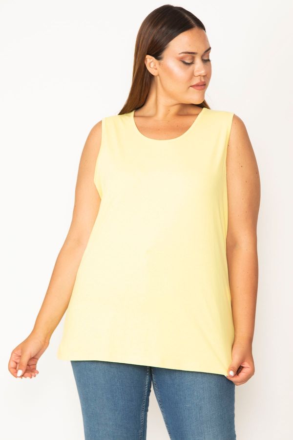 Şans Şans Women's Plus Size Yellow Cotton Fabric Crewneck Tank Top