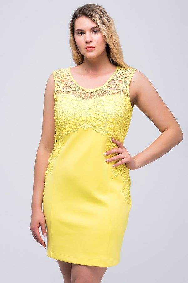 Şans Şans Women's Plus Size Yellow Dress With Lace Detail