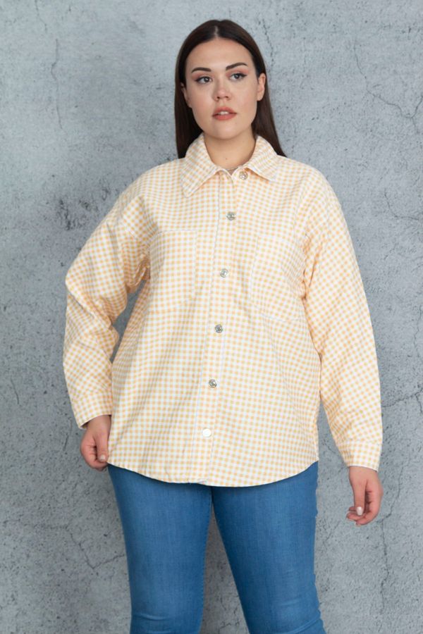 Şans Şans Women's Plus Size Yellow Gabardine Fabric Metal Buttoned Unlined Shirt Coat