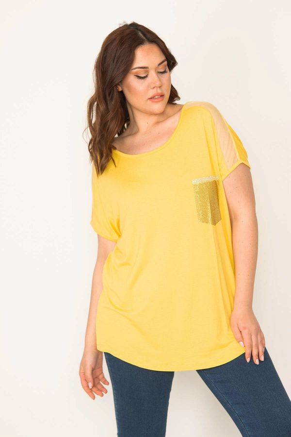 Şans Şans Women's Plus Size Yellow Shoulders Tulle And Ornament Pocket Stone Detailed Low Sleeve Viscose Blouse