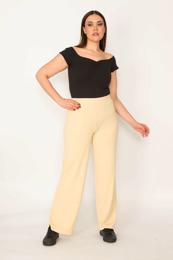 Şans Şans Women's Plus Size Yellow Striped Elastic Waist Trousers