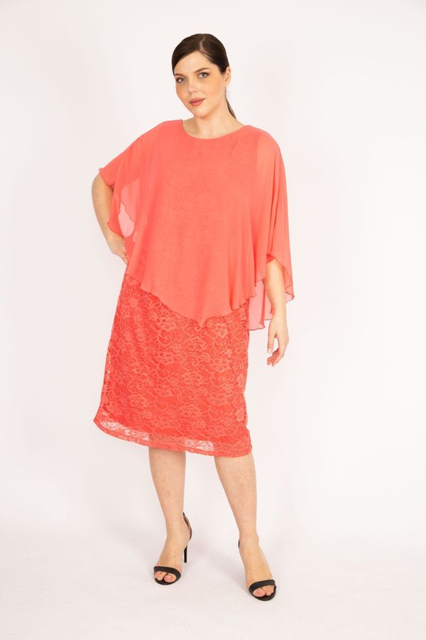 Şans Şans Women's Pomegranate Plus Size Chiffon Cape Lined Lace Dress