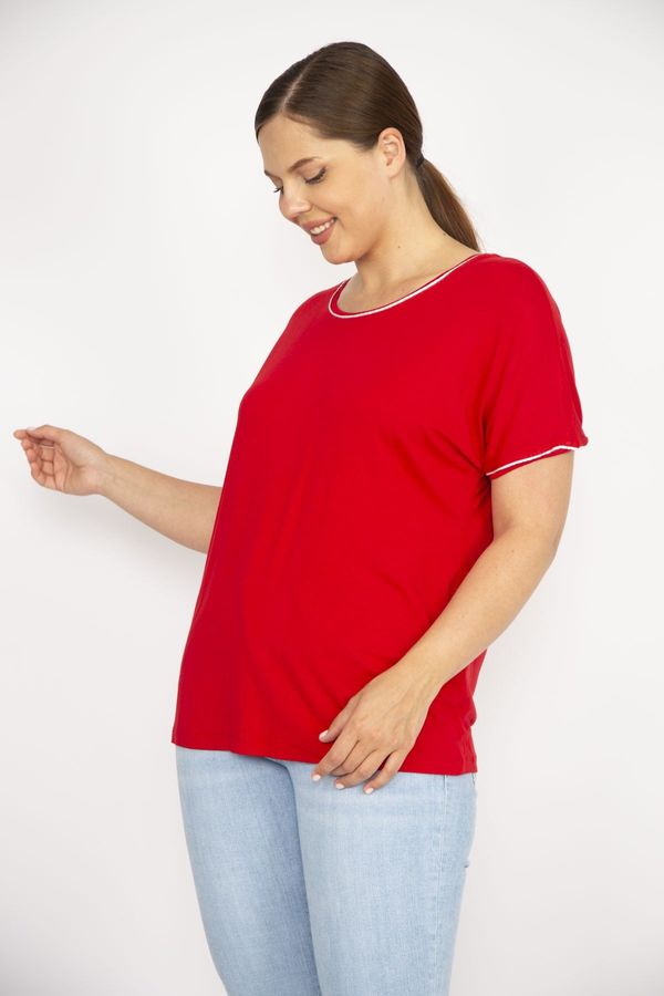 Şans Şans Women's Red Plus Size Collar and Sleeve Glitter Stripe Blouse
