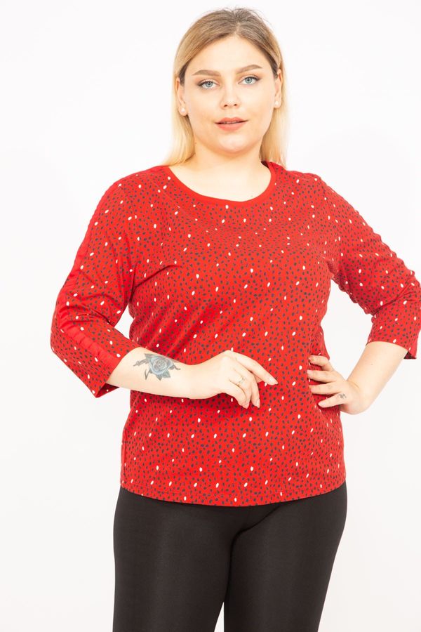 Şans Şans Women's Red Plus Size Cotton Blouse with Stripe Sleeves