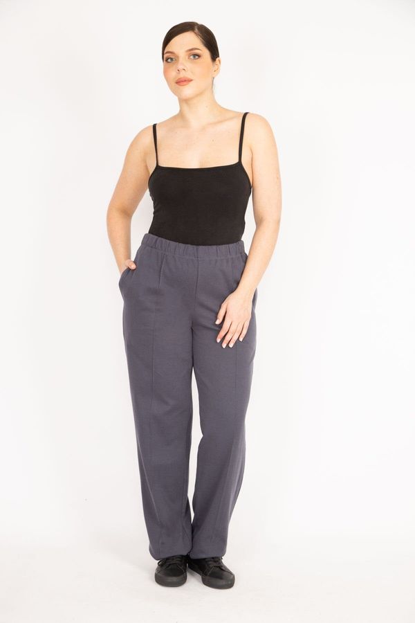 Şans Şans Women's Smoky Plus Size Ironing Mark Grass Stitched Elastic Waist Side Pocket Trousers