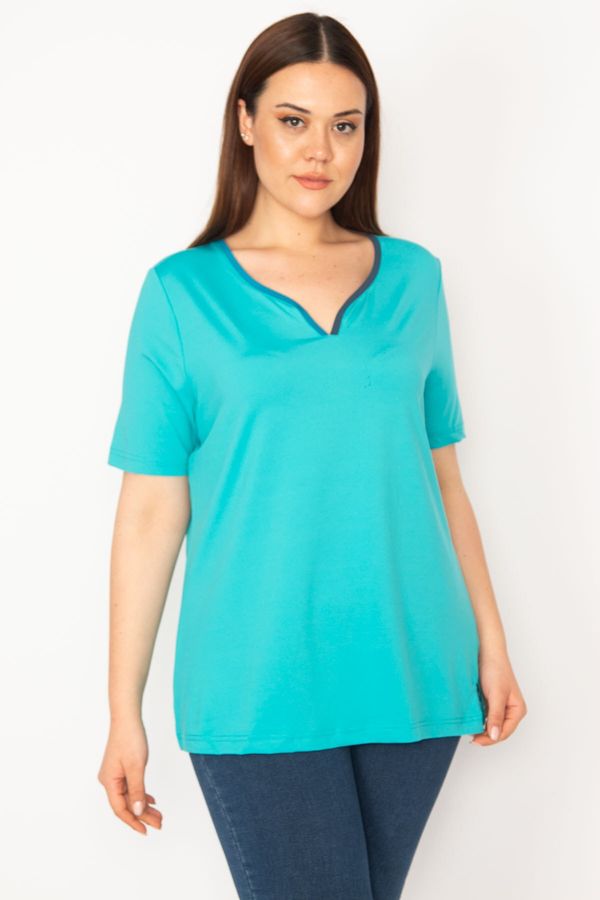 Şans Şans Women's Turquoise Plus Size Collar Webbing Sports Blouse