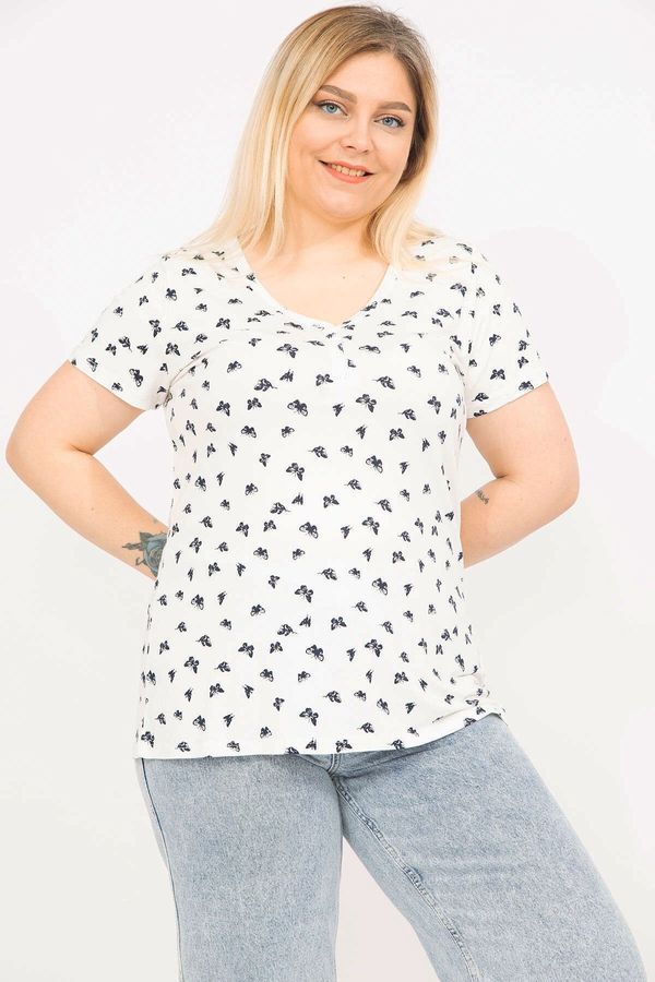 Şans Şans Women's White Plus Size Blouse with Buttons and Front Buttons, Short Sleeves
