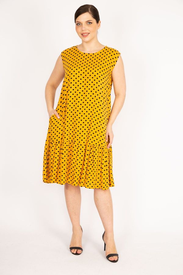 Şans Şans Women's Yellow Plus Size Point Pattern Woven Viscose Fabric Layered Dress