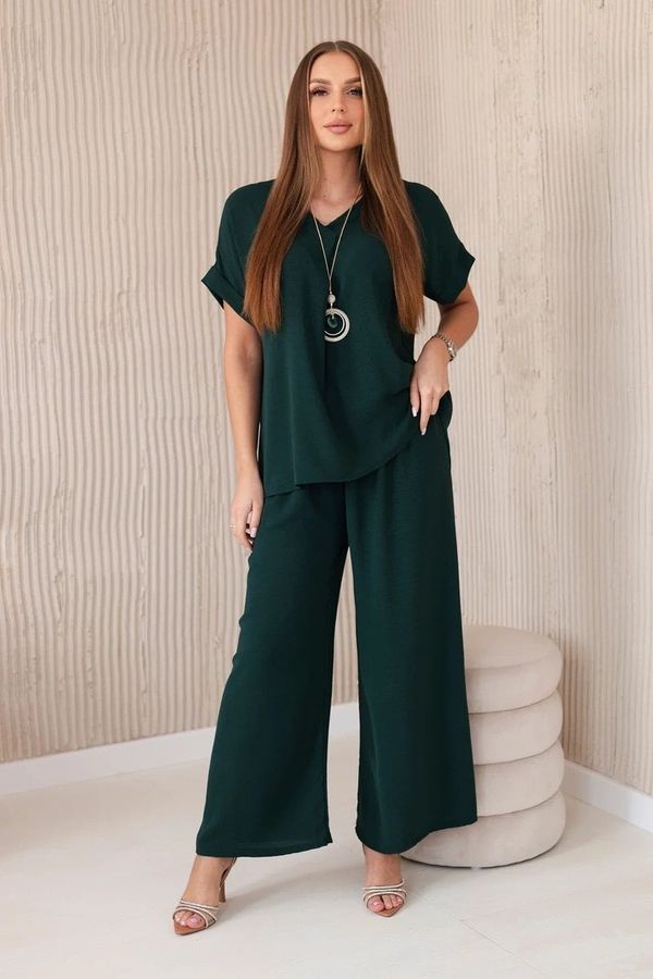 Kesi Set with necklace, blouse + trousers, dark green