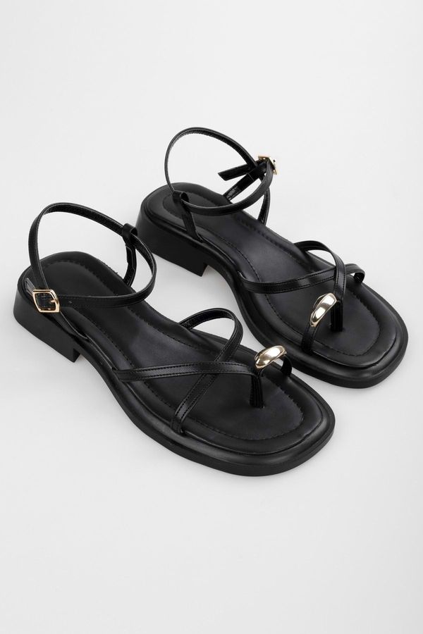 Shoeberry Shoeberry Women's Bianca Black Gold Buckle Sandals