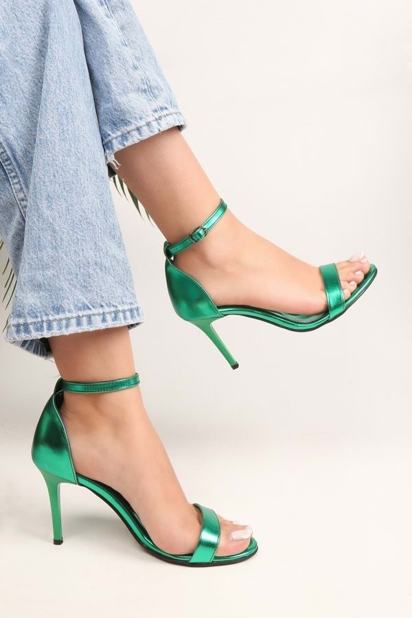 Shoeberry Shoeberry Women's Dianthus Emerald Green Metallic Single Strap Heels.