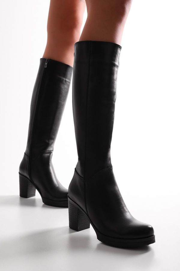 Shoeberry Shoeberry Women's Erna Black Genuine Leather Heeled Boots Black Genuine Leather
