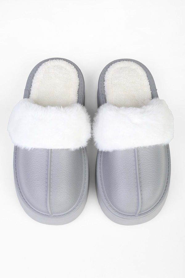 Shoeberry Shoeberry Women's Fluff Gray Faux Leather Matte Fur Inside Flat Sole House Slippers