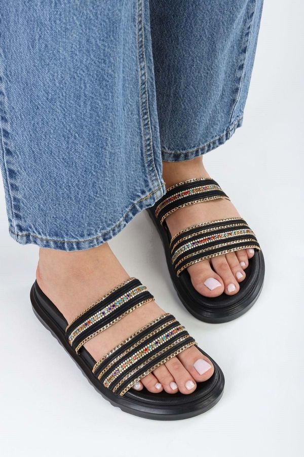 Shoeberry Shoeberry Women's Gratia Black Thick Sole Embroidered Slippers