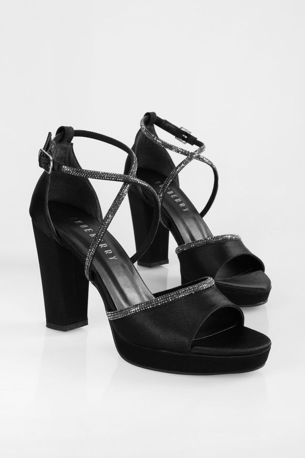 Shoeberry Shoeberry Women's Jayne Black Satin Stone Platform Heel Shoes