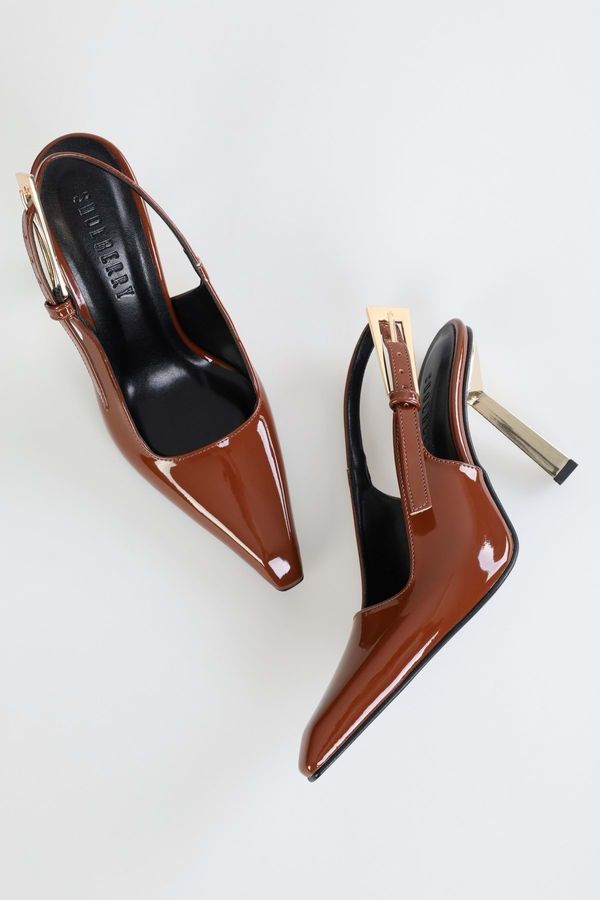 Shoeberry Shoeberry Women's Laurend Brown Patent Leather Short Toe Belted Stiletto