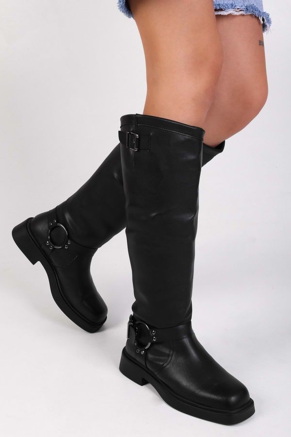 Shoeberry Shoeberry Women's Lottie Black Leather Buckle Boots