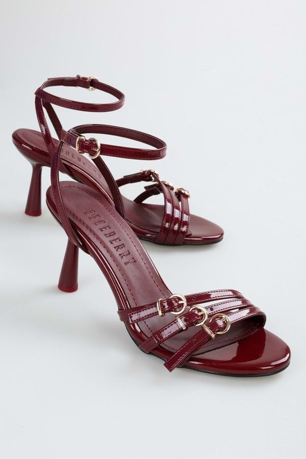 Shoeberry Shoeberry Women's Marlen Claret Red Patent Leather Belt Buckle Heeled Shoes