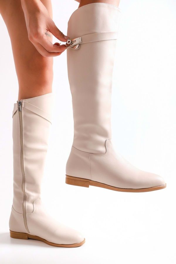 Shoeberry Shoeberry Women's Meroni Beige Skin-Cut Boots with Beige Skin.