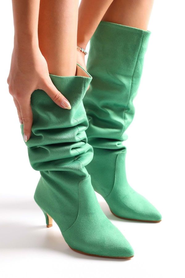 Shoeberry Shoeberry Women's Pia Green Suede Gathered Heel Boots Green Suede