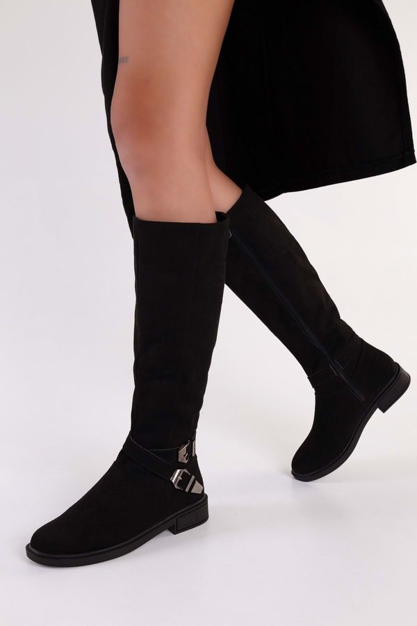 Shoeberry Shoeberry Women's Steele Black Suede Buckle Flat Heel Boots Black Suede