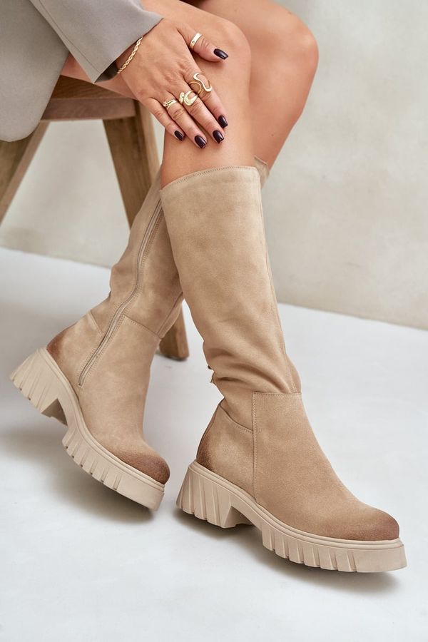 Zazoo Suede Knee High Boots Insulated Beige Zazoo 70145